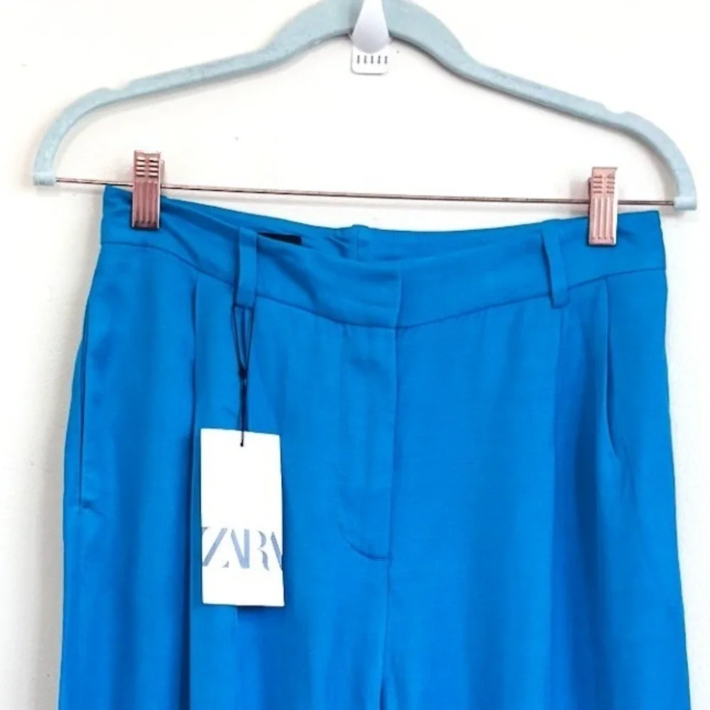 Zara Womens Wide Leg Flowy Linen Blend Pants Size S Aqua Blue‎ High Rise Pleated